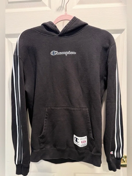 Champion Script Logo Hoodie Men’s Large Black Streetwear Essential Y2K - Picture 3 of 11